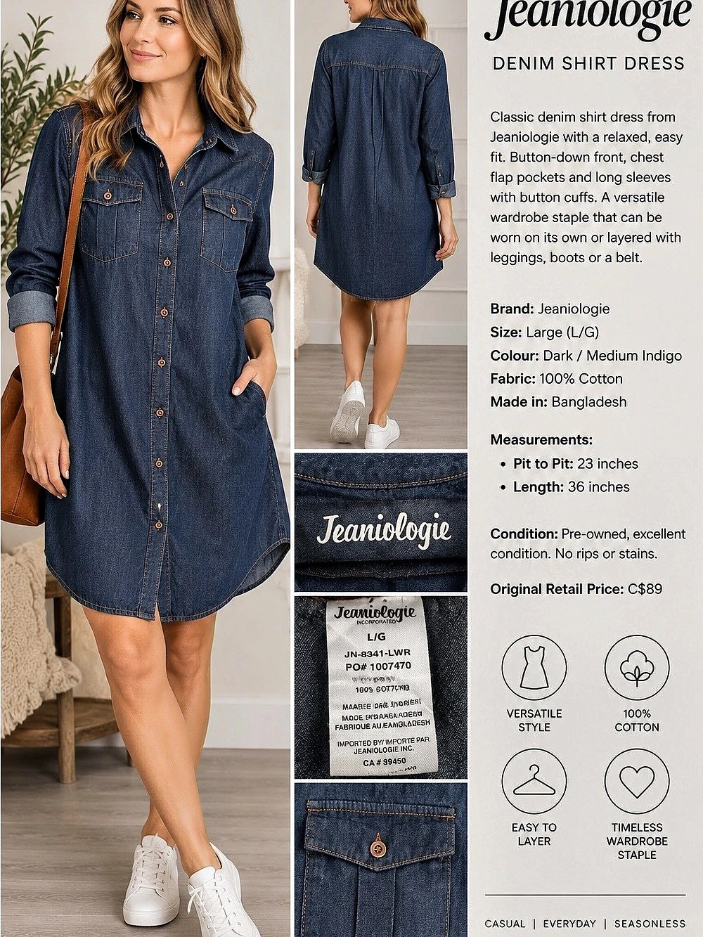 23” ptp Jeaniologie Denim Shirt Dress in Blue Large